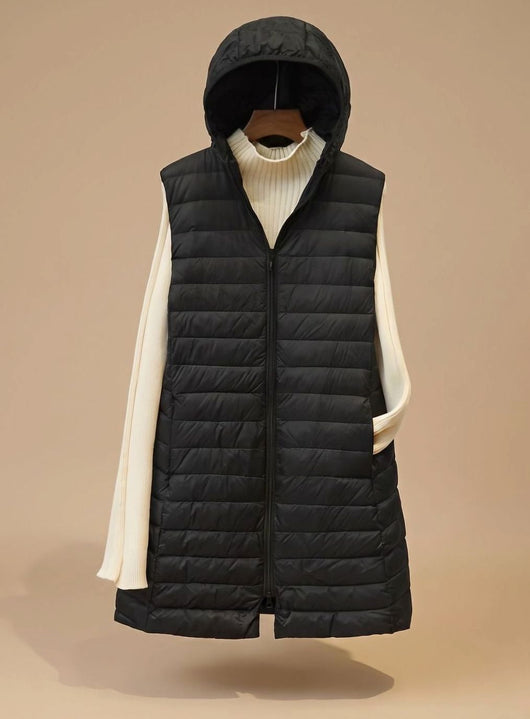 Emilia | Lange mouwloze gewatteerde dames parka met capuchon