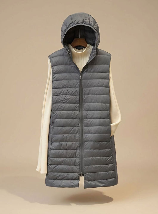 Emilia | Lange mouwloze gewatteerde dames parka met capuchon