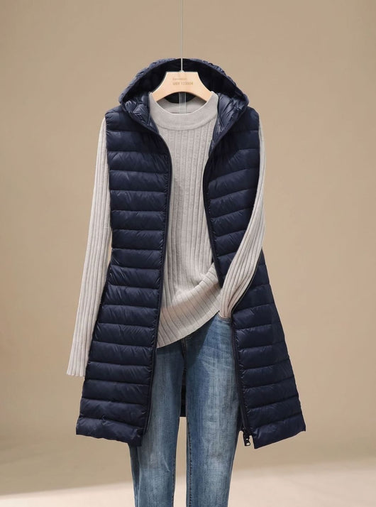 Emilia | Lange mouwloze gewatteerde dames parka met capuchon