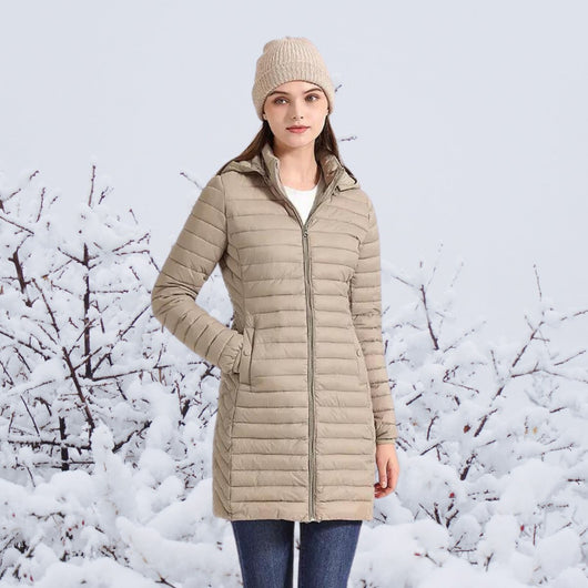 Greta | Ultralichte lange gewatteerde dames winterparka met capuchon