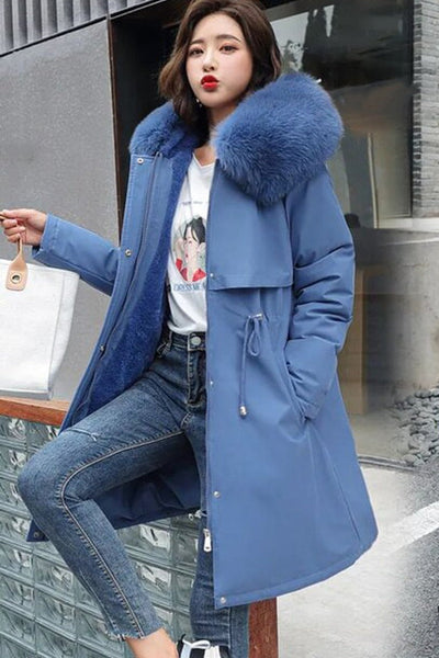 Nora | Lange dames winterparka met capuchon en imitatiebonten kraag