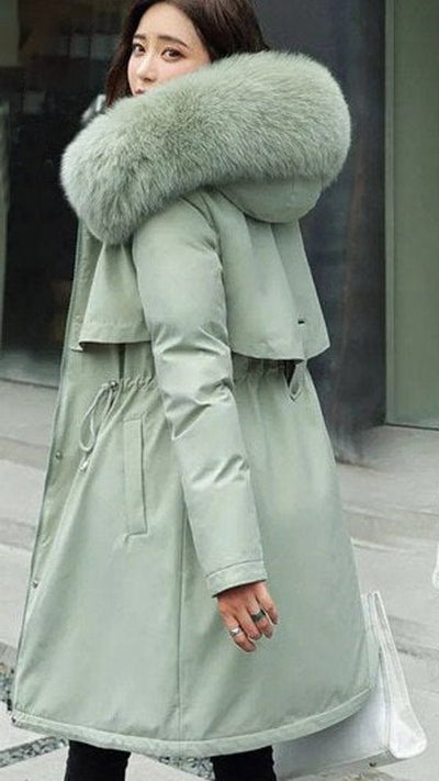 Nora | Lange dames winterparka met capuchon en imitatiebonten kraag