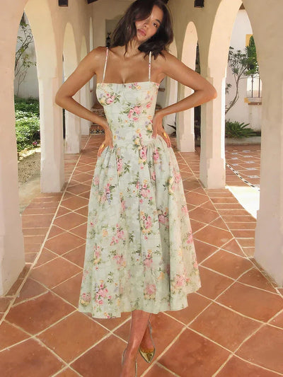 Hazel | Bloemen midi-jurk met bandjes voor bruiloftsgasten