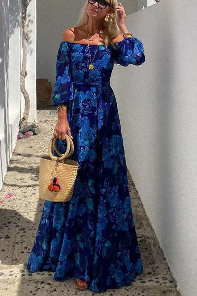 Isla | Dames maxijurk met bloemendessin en schoudervrije bardothals
