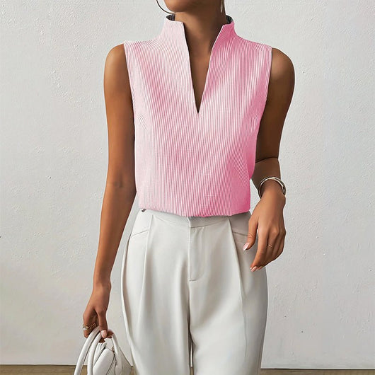 Katharina | Mouwloze dames gestreepte blouse met opstaande kraag en V-hals
